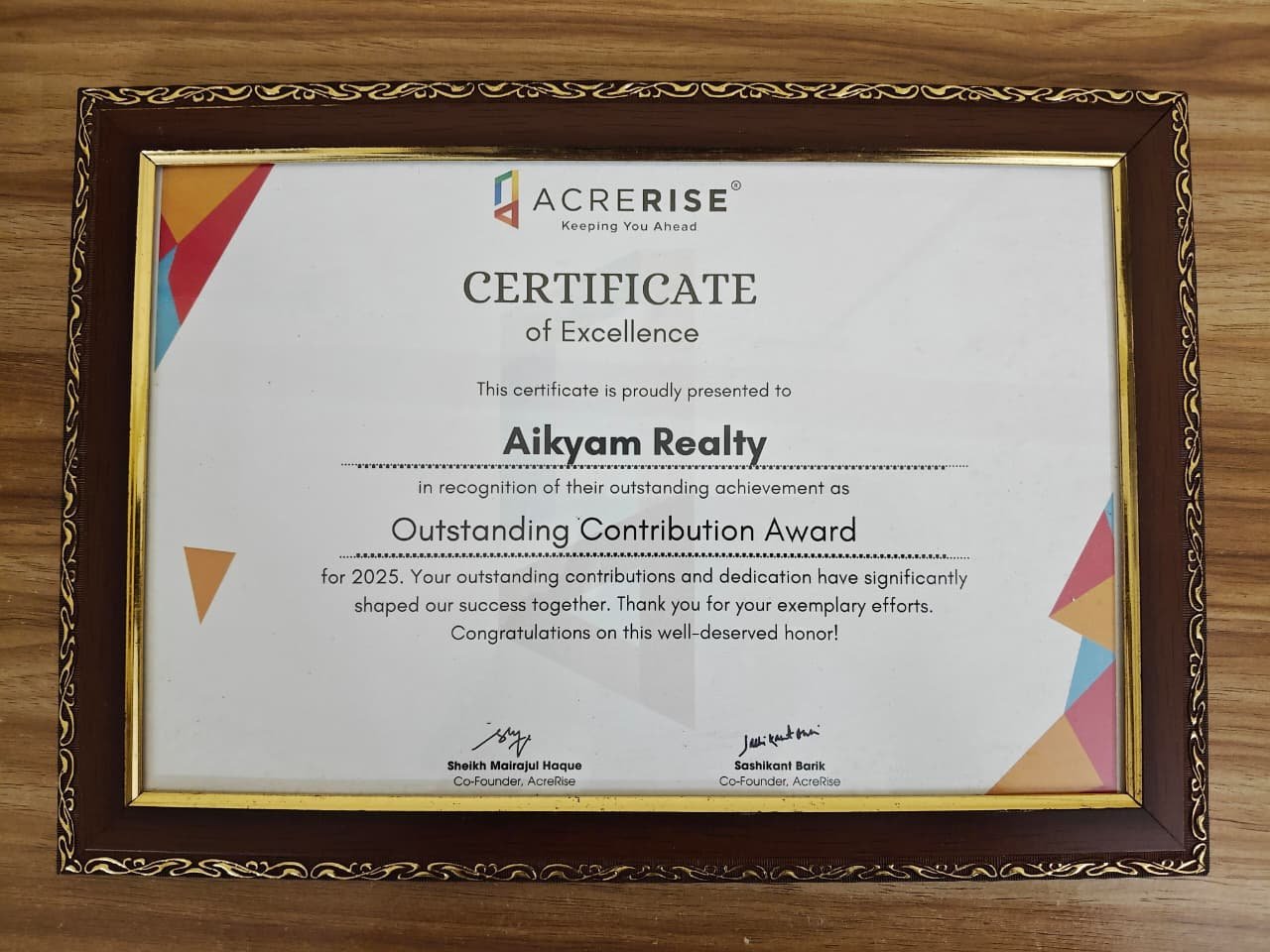 AcreRise Certificate of Excellence - Outstanding Contribution Award 2025