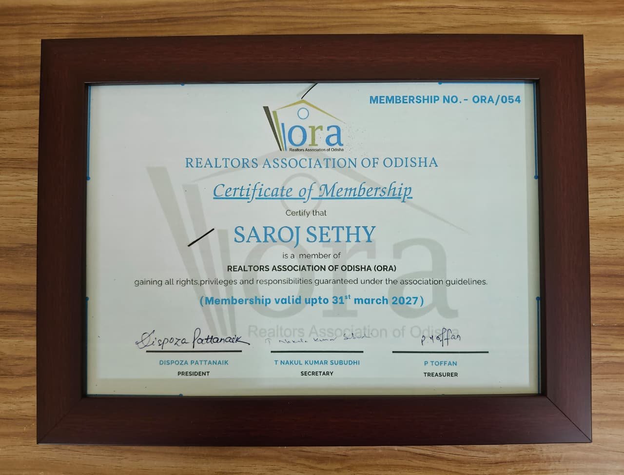 Realtors Association of Odisha Certificate of Membership ORA/054